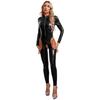 Women Wet Look Leather Bodysuits Lingerie Front Zipper Long Sleeve Jumpsuit Hollow Out Bodycon Catsuits
