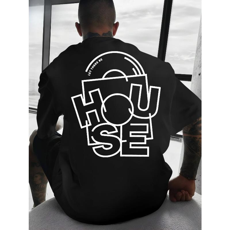 Men's EDM HOUSE Music T-Shirt - Black & White Color Block Tee with Deconstructed HOUSE Font Print, Round Neck Short Sleeve Suitable for Daily Wear