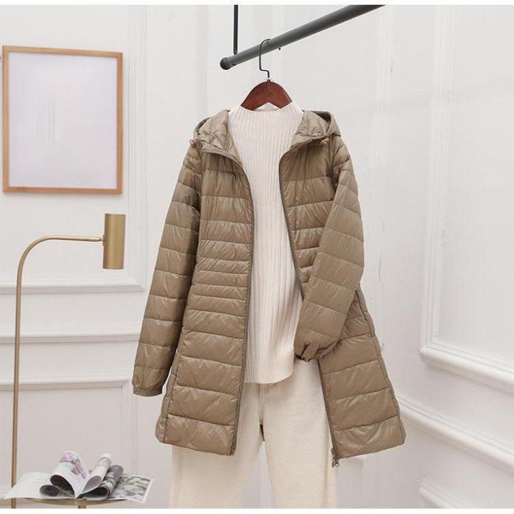 Women Light Down Jacket Hip-Length High Street Overcoat Female Long Warm Down Coat with Portable Storage Bag