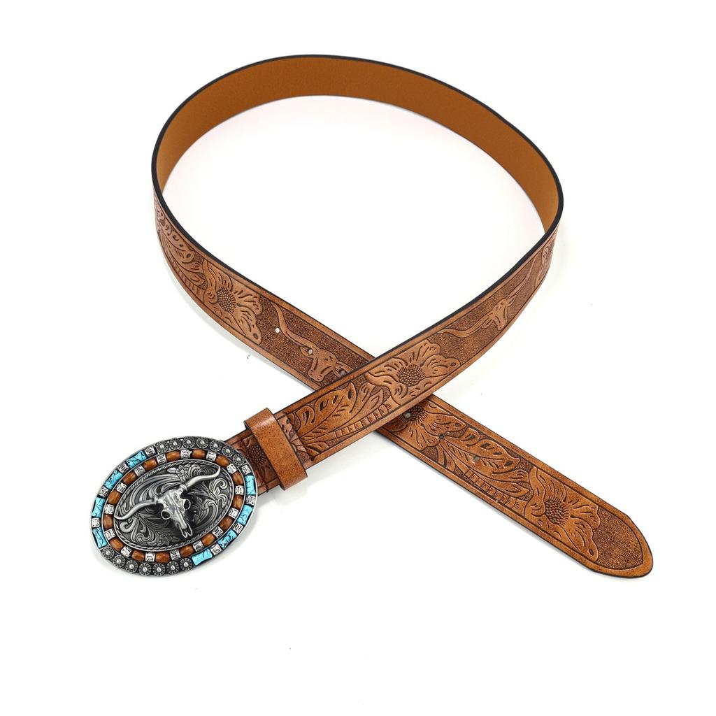 Belt with Cow Head Large Buckle Trendy Retro Style Young Men's Punk Leather Belt