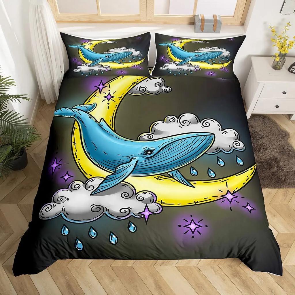 Cat Duvet Cover Set Watercolor Whale Fishing Bedding Set Ocean Sea Wave Comforter Cover Marine Nautical Themed Bedspread Cover