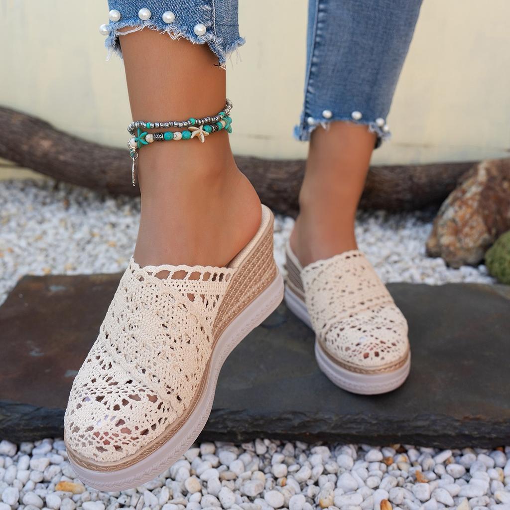 Fashion Lace Summer High Heels Straw Espadrille Sandals Women Platform Slides Mules Slipper Wedges Shoes Comfortable Walk Slippers Women
