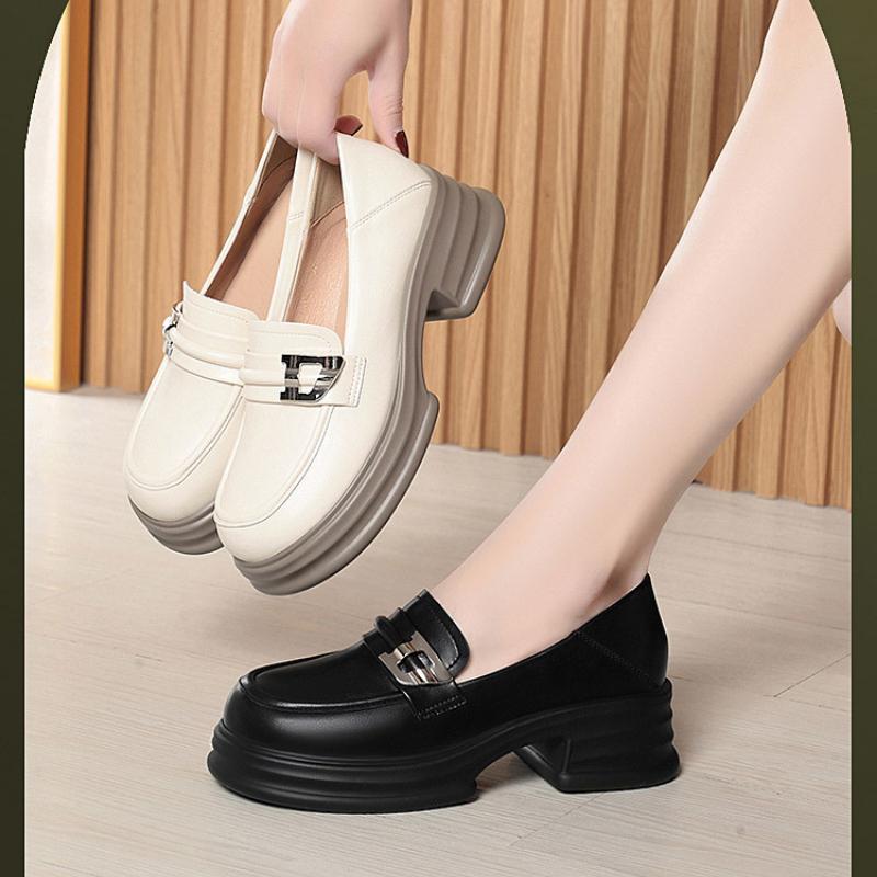 Casual Leather Shoes Spring and Autumn Women's Single Shoes Thick Heel Thick Bottom Round Toe Loafers