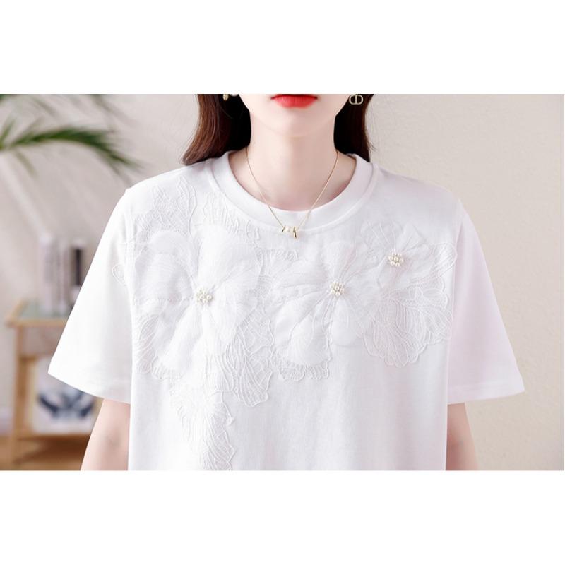 Dimanaf 2025 Summer Women Plus Size Basic T-Shirt Vintage Fashion Casual Loose Flower Lace Tops Tees Oversized