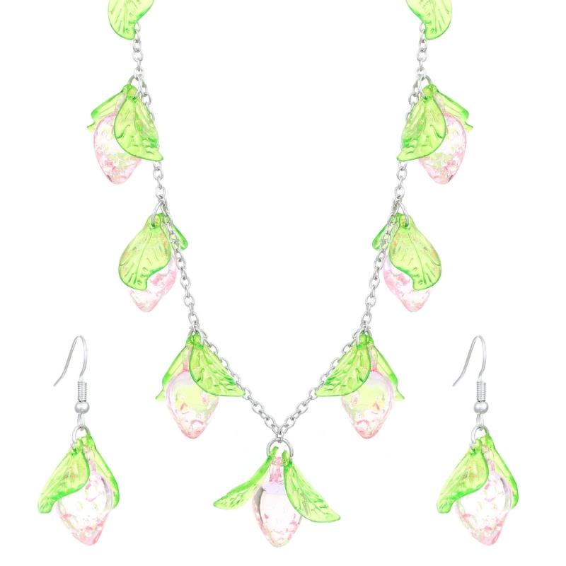 Delicate Strawberry/Cherries Necklace Bracelet Earrings Set Contemporary Acrylic Cherries and Strawberry Jewelry