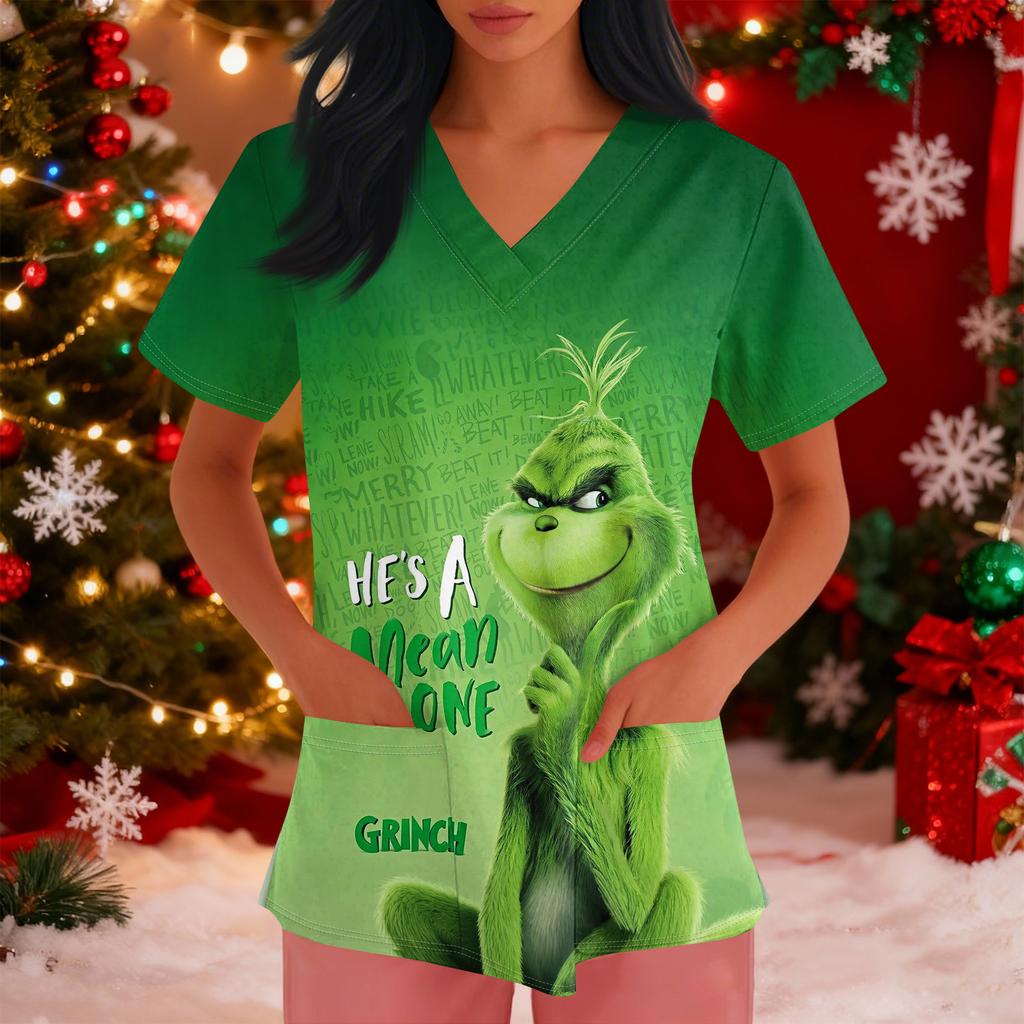 Women's Loose Short Sleeved Fashionable Tooth Pattern Printing V-neck Buttonable Side Slit Top T-shirt