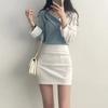 Women's Khaki White Color Block Asymmetric V-Neck Blouse Long Sleeve Cuff Detail Casual Slim Top