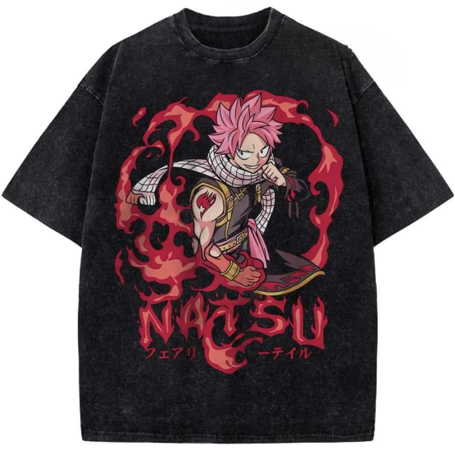 

Natsu Print T-shirt Anime Fairy Tail Clothing Men Women Cotton Tshirts Retro Washed T Shirt Harajuku Male Short Sleeve Tops S чёрный