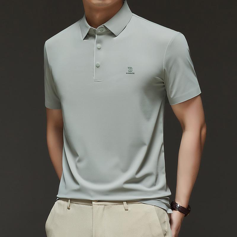 Mulberry Silk Short-Sleeved T-Shirt Men'S Lapel Solid Color Medium Loose Silk Polo Shirt On Clothes