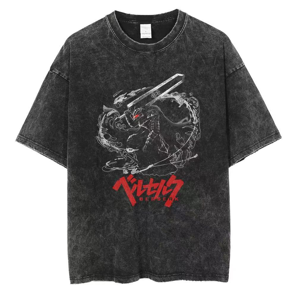 Berserk Print T-shirt Men Women Washed Vintage Japan Anime Oversize Streetwear Harajuku Summer Short Sleeve Tshirt Cotton Tops