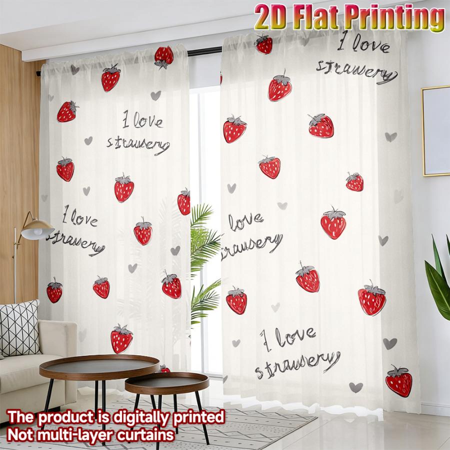 2PCS Digital Print Sheer Curtain, I Love Strawberry, Sweet Cute Fruit Berry Red - Voile Drapes for Bedroom Living Room Decor