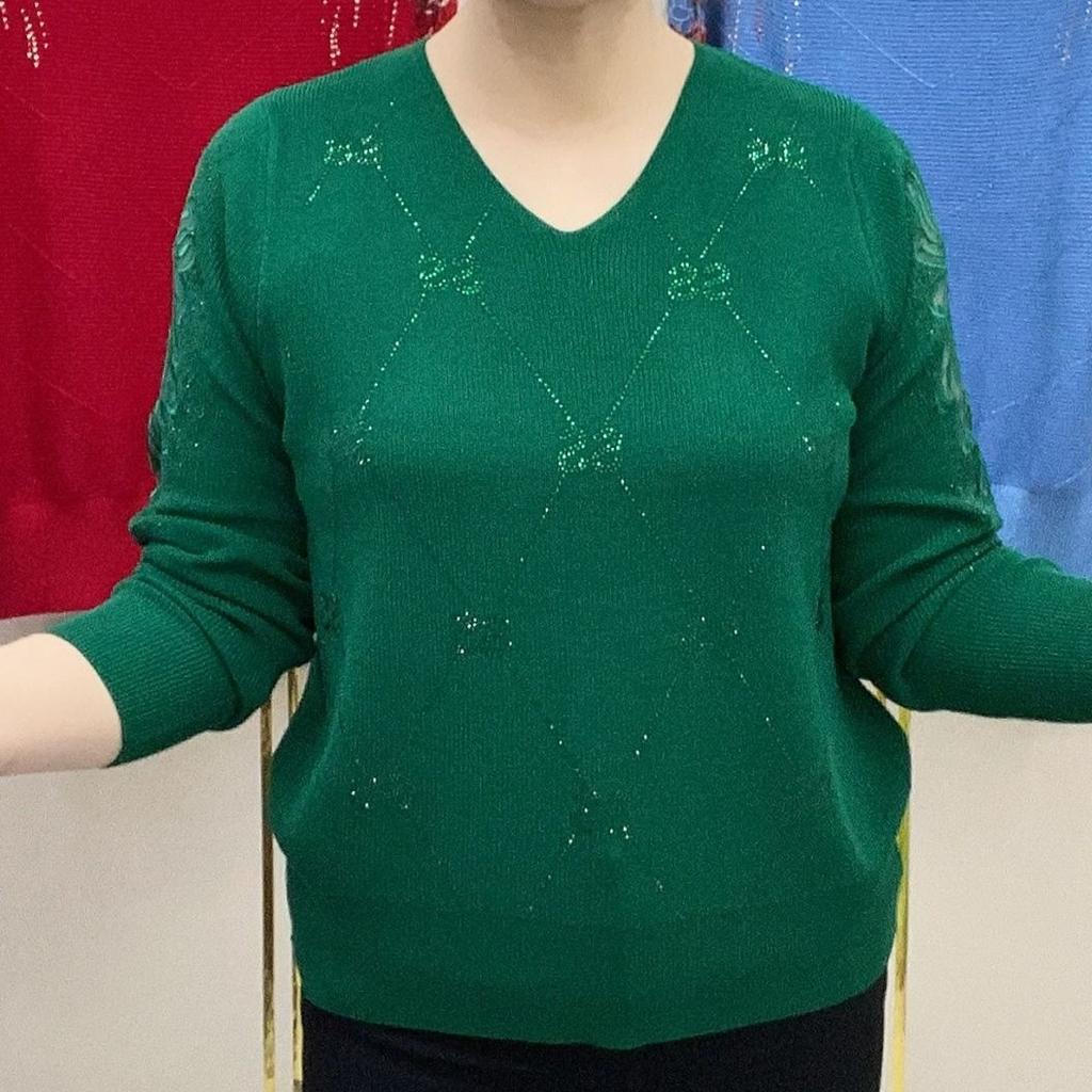 Frühling Herbst Damen V-Ausschnitt Pullover Lockere Passform Strasssteine Lochstrick Überzieh-Pullover