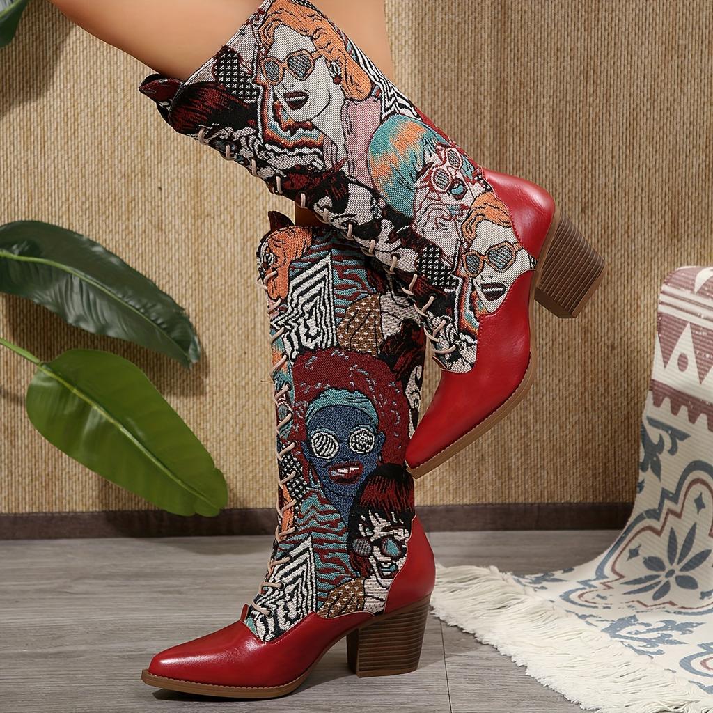 Chic Women's Embroidered Mid-Calf Boots with Chunky Heel - Pointed Toe, Lace-Up Western Fashion Booties