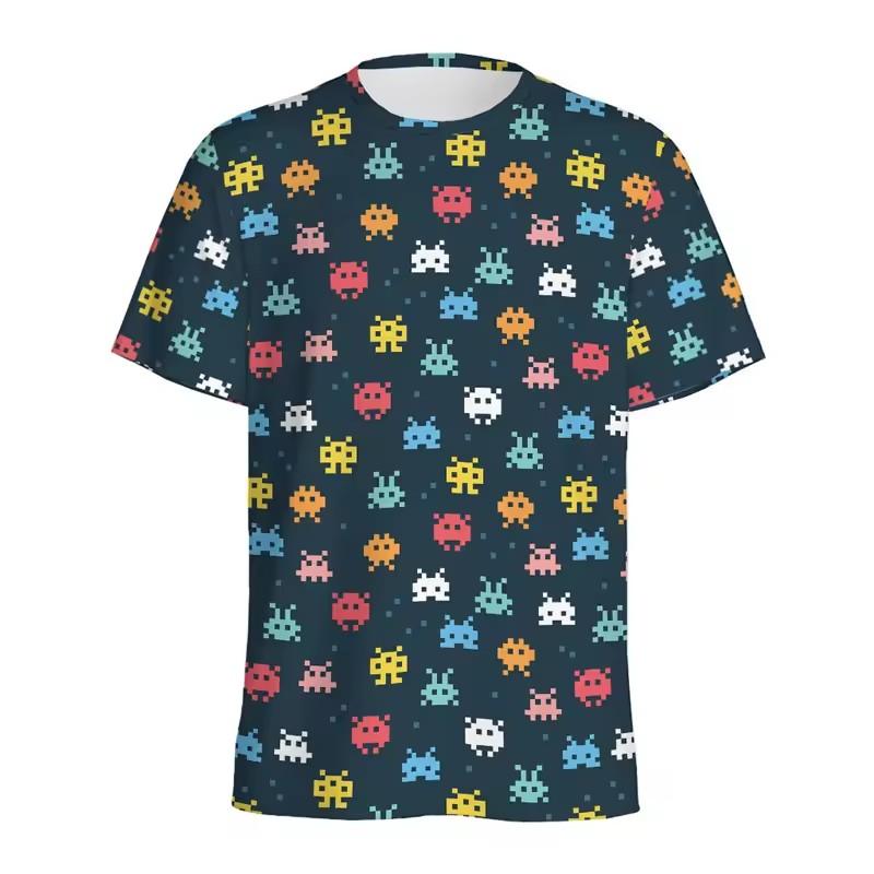 Retro Building Block 3D Printed T Shirt Men Jigsaw Puzzle Video Games Pattern T-Shirt Loose Street Short Sleeves Y2k Tee Shirts