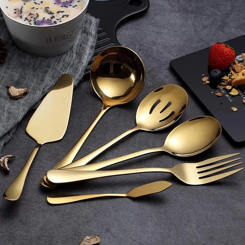 6-Piece Flatware Serving Set, Stainless Steel Serving Utensils Cake Server Slotted Spoon Fork Butter Knife Soup Ladle