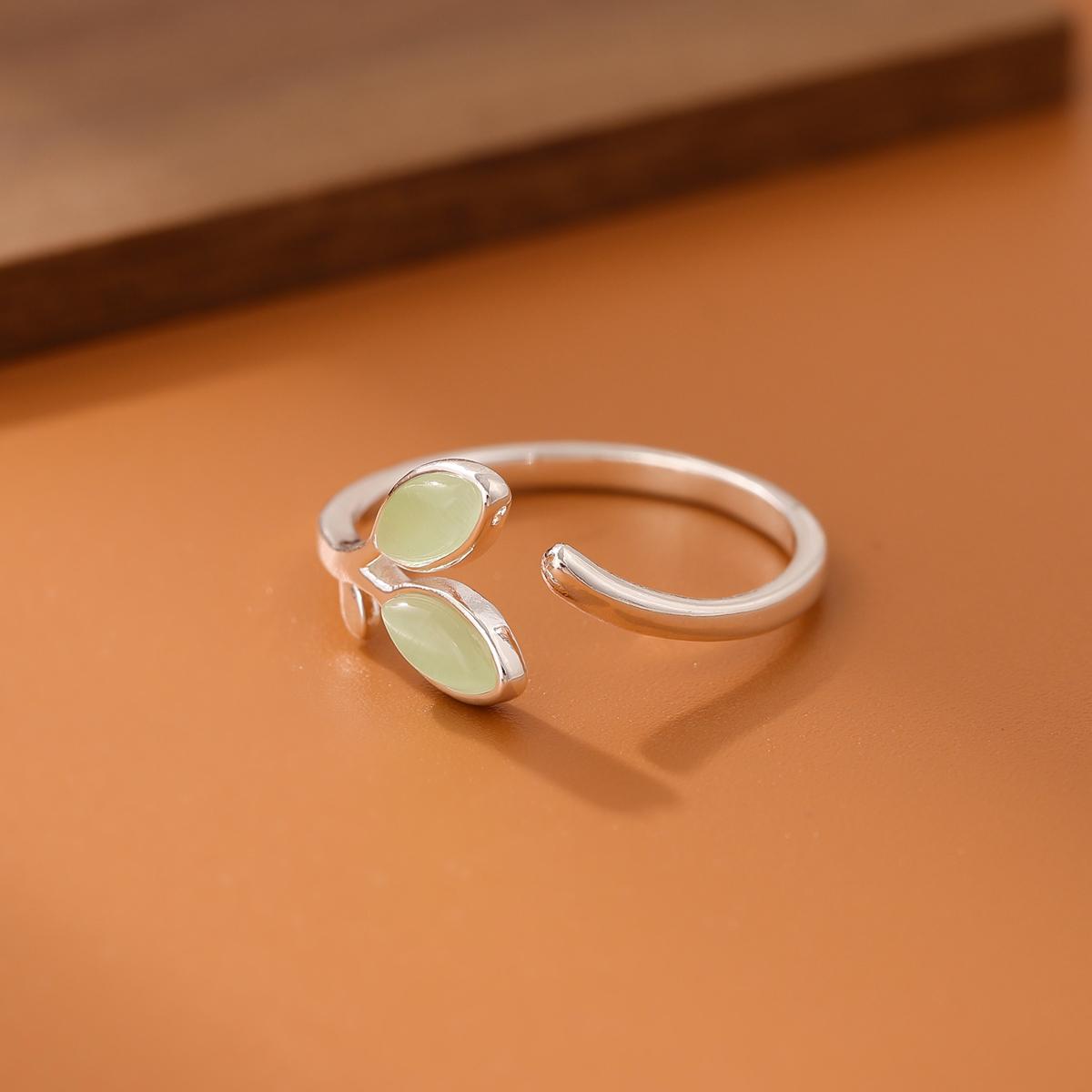 

New Fashion Creative Temperament Sweet Opal 925 Sterling Silver Jewelry Green Leaf Female Crystal Opening Rings R232 срібний