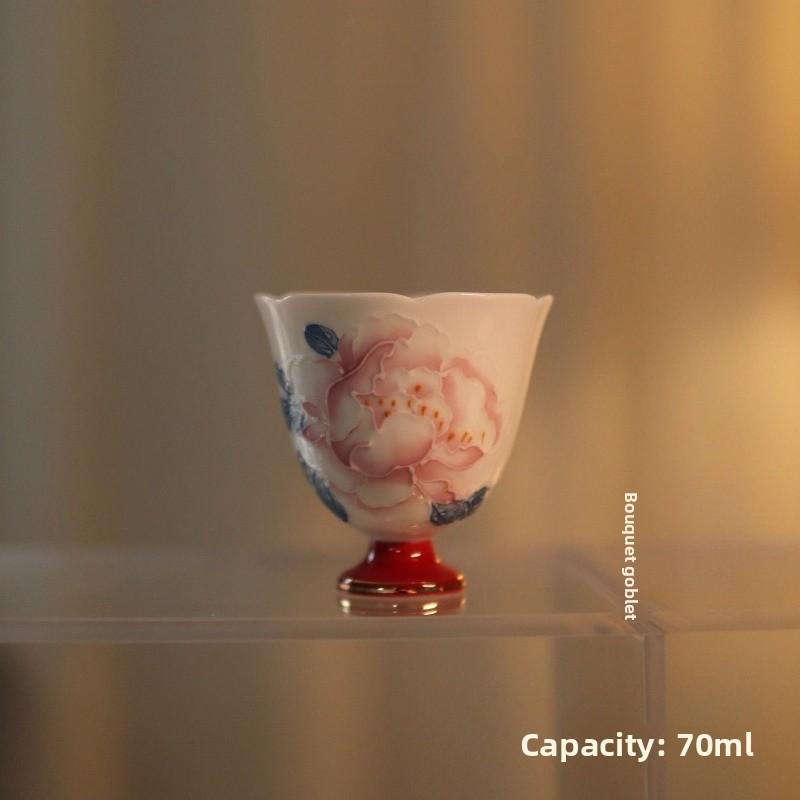 Pure handmade flower mouth master cup hand-painted stacking peony tea cup high-grade gold-painted tea cup Kung Fu tea