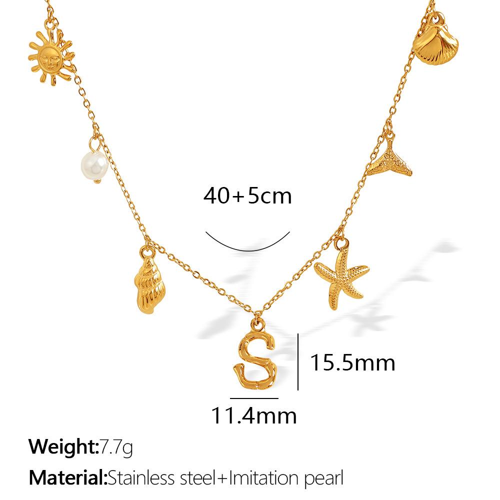 New Arrival Gold Boho Ocean Conch Starfish Shell Charm Necklace Stainless Steel A-Z Alphabet Initial Letter Beach Necklace Women