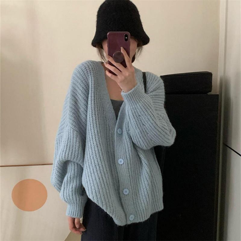 Retro gentle wind knitted cardigan top women's autumn and winter new solid color V-neck loose lazy sweater jacket
