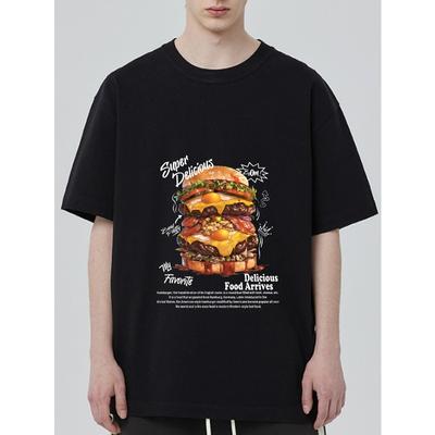 Black T-Shirt with Burger Graphic and Text Print for Casual Wear