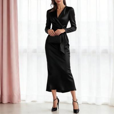 Robe midi satinée soyeuse portefeuille pour femme à manches longues et col en V avec ceinture à nouer Robe formelle Robe de cocktail Robe pour invité de mariage