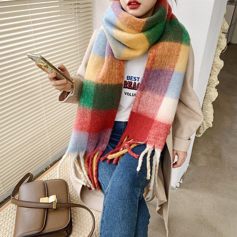 Autumn and Winter New Imitation Cashmere Super Long Knitted Scarf Rainbow Color Matching Warm Student Scarf Woman