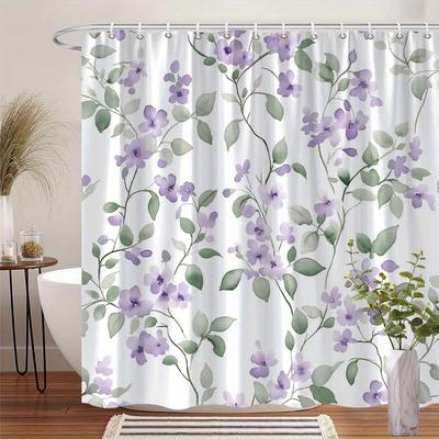 Lavender Floral Shower Curtain - Soft and Flowing Design with Delicate Lavender Flowers and Green Leaves On a White Background