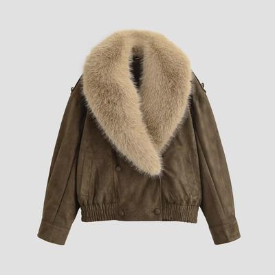 Damen Kunstpelzkragen Lederjacke Kurz Lockerer Schnitt Winter Streetwear Mantel