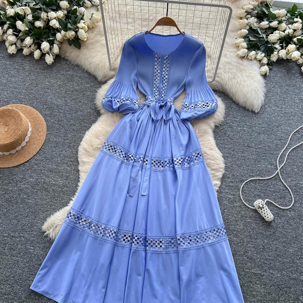 High-End Heavywork Lacing Paillette-Panel Waist-Banding Lantern Sleeve Maxi Dress for Women Autumn Charming Long Women Dress
