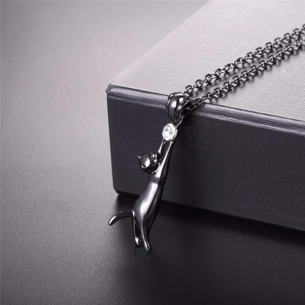 Rockyu Brand Necklace for Women Cat Black Zirconia Sparkly Cute Cat Catch Pendant Finish Elegant Birthday Anniversary Fashion Jewelry Gift