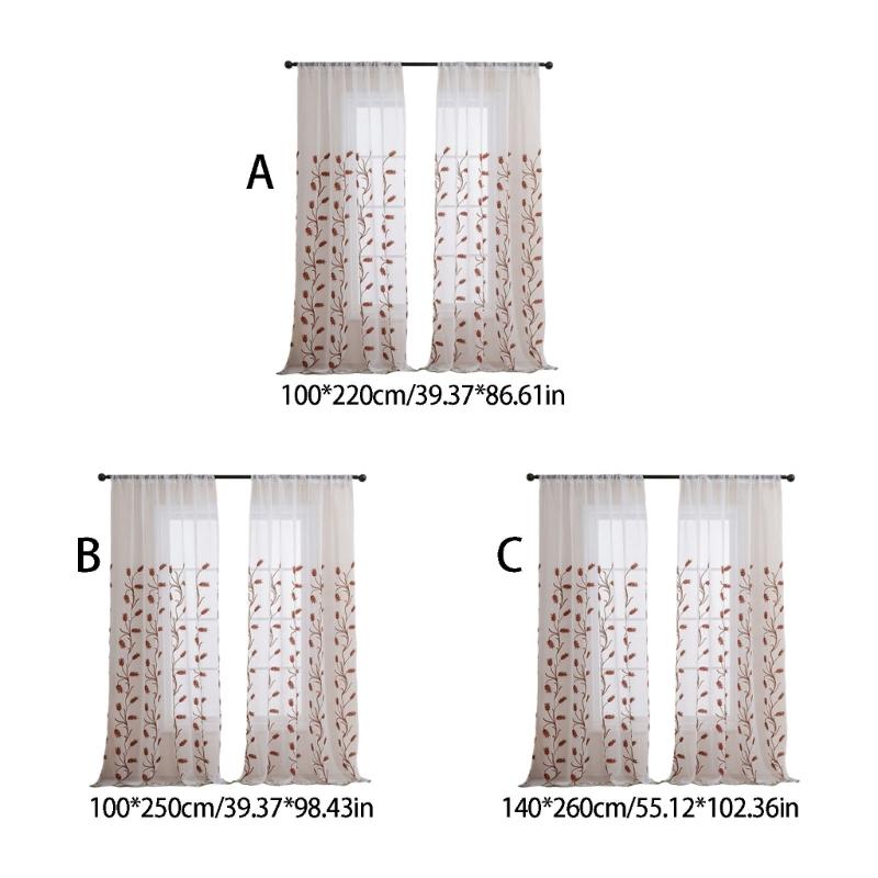 Rod Pocket Design Semi Sheer Curtain Easy Installation Wheat Embroidered Voile Drape Light Filtering for Home Decors