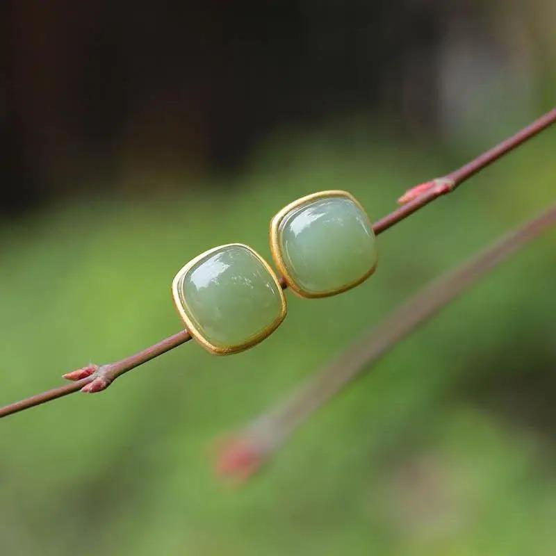 New In  Inlaid Natural Hetian Jasper Cold Classic Retro Square Earings Stud Chinese Palace Style Earrings For Women