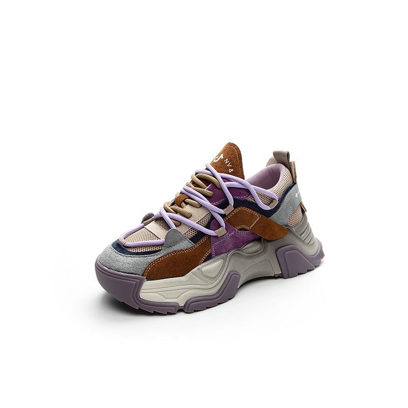 Suction Film Bottom Leather Thick Bottom Dirty Spring and Autumn New Trend Color Matching Mesh Sports and Leisure Women's Shoes