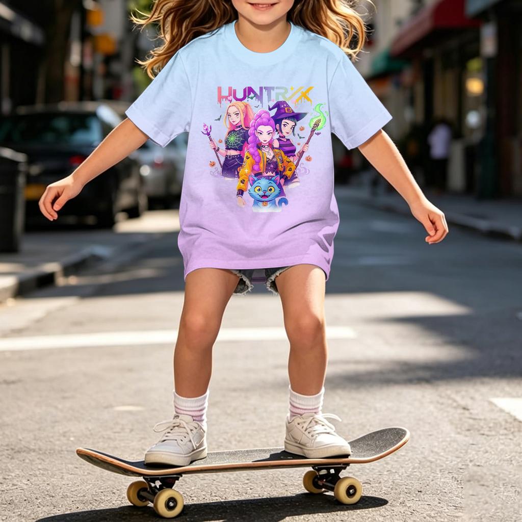Girls Loose Fit Short Sleeve T Shirt Halloween Inspired Demon Hunter Print Casual Comfortable Top for Kids