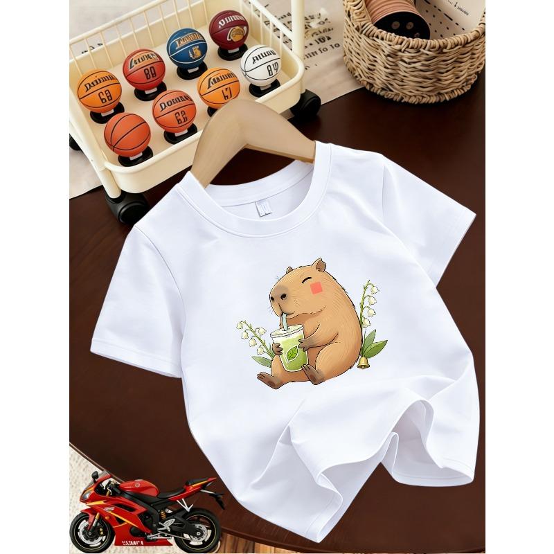 Boys Crewneck Short Sleeve T-Shirt, Campus Style Cute Cartoon Summer Print 110 белый