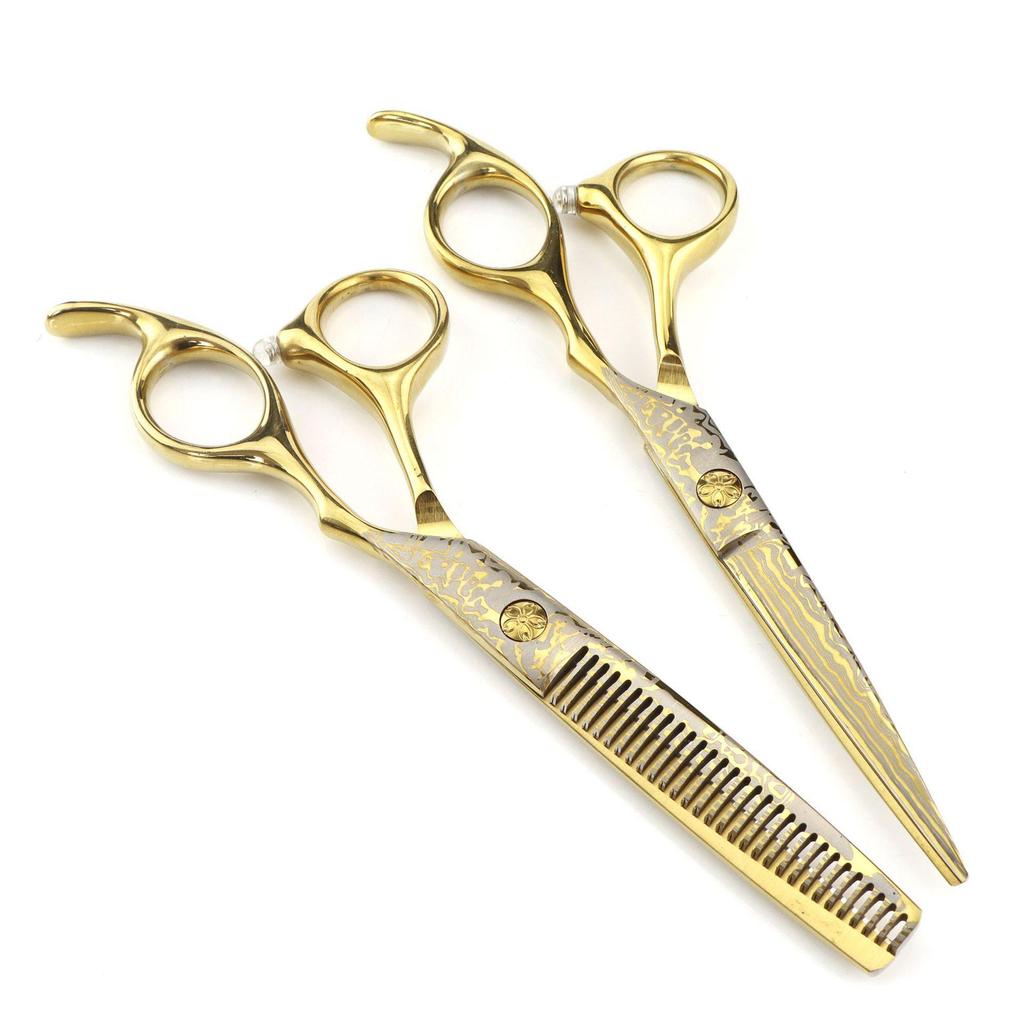 6.0" Gold Damascus Serrated Barber Hairdressing Thinning Scissors