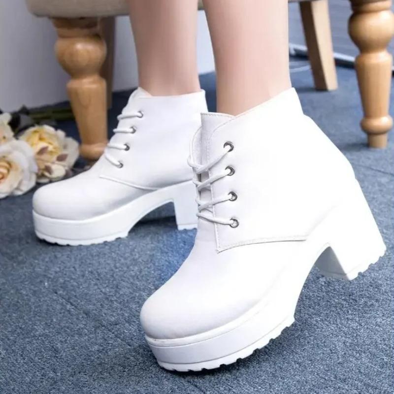 Fashion Ankle Boots for Women Fashion Black&White Punk Rock Lace Up Women Shoes Thick Heel Boots Platform Shoes Heels for Ladies