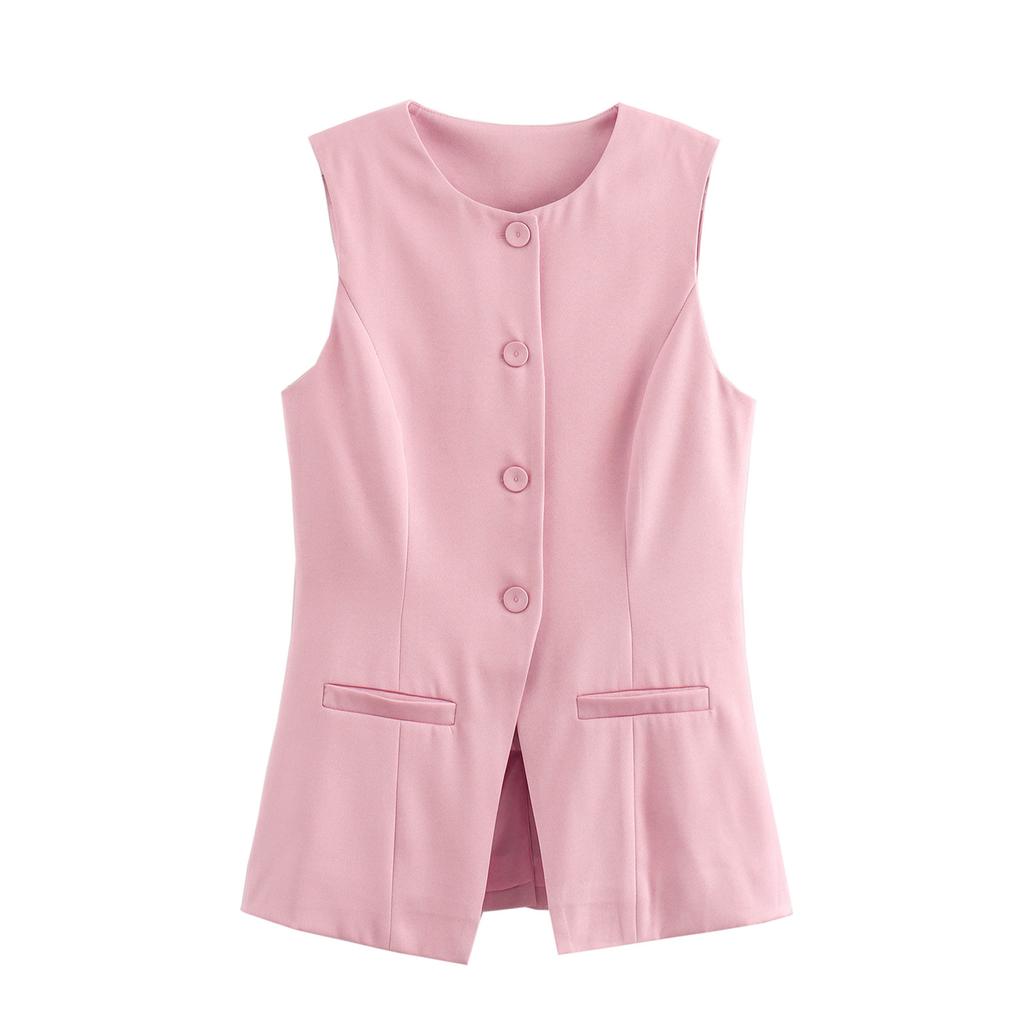Women 's Button Down Waistcoat Vest Sleeveless Round Neck Solid Color Slim Fit Tops Dressy Suit Vest