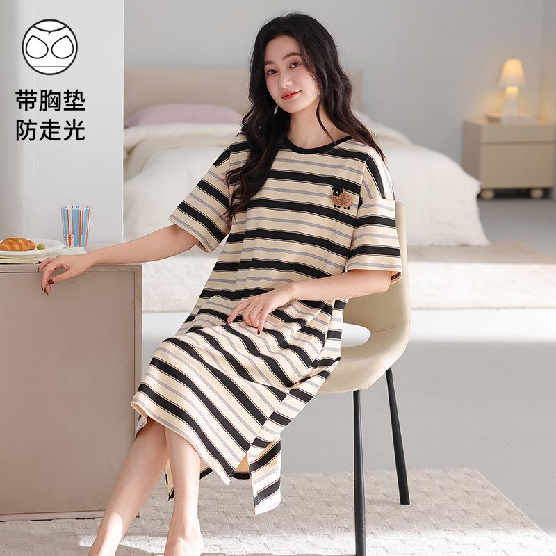 With Chest Pad~ Casual Nightdress Women's Summer Thin Cotton Short-sleeved Striped Medium and Long Dress Large Size Loungewear 55kg