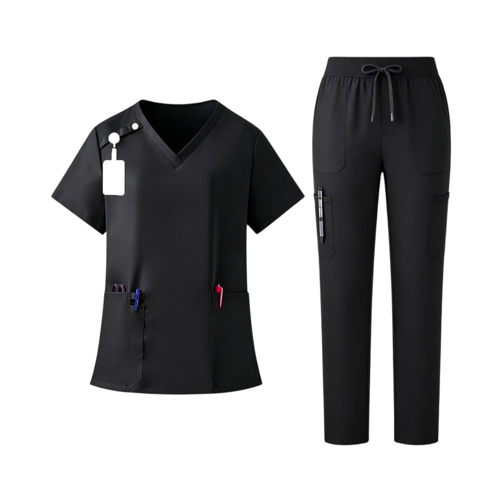 Women’s Medical Scrub Set V Neck Short Sleeve Top with Pockets and Drawstring Long Pants Quick Dry Fabric Nurse Uniform Caregiver Suit L чёрный