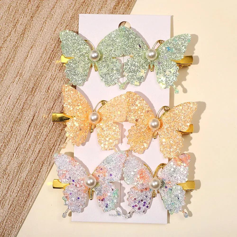 6 Stück/Set Bunte Glitzer Schmetterling Perlen Haarspangen für Frauen Mädchen Süße Haarspangen Haarnadeln Regenbogen Kopfschmuck Haarschmuck
