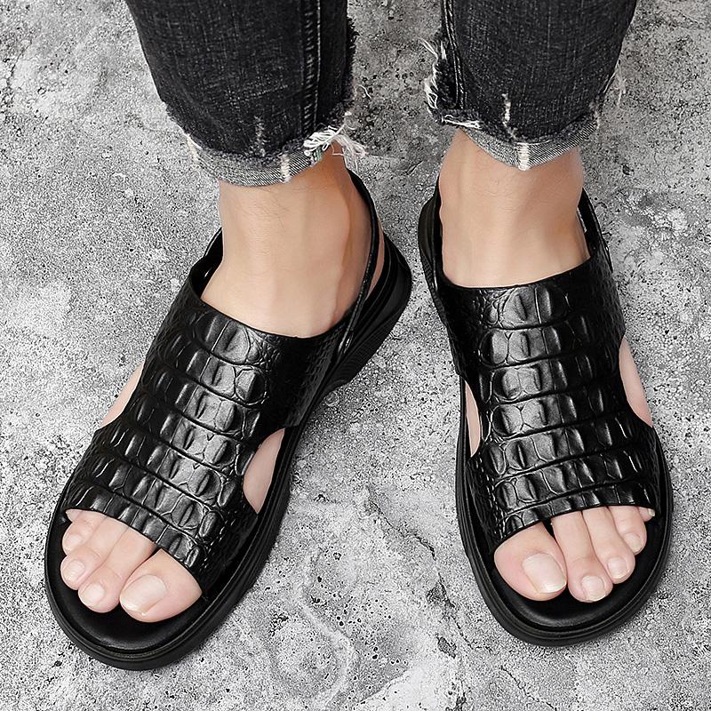 Fashion Men's Beach Shoes Crocodile Pattern Sandals High Quality  Leather Non-slip Men Slippers Breathable Two Uses Men's Sandals Shoes