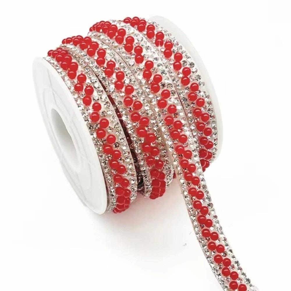 

3 Yards Shiny Self Adhesive Crystal Strip Colorful Pearl Chain Bling Rhinestone Strip Bag Decor Red-6mm