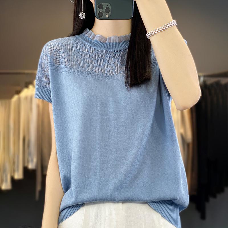 Tricou cu mânecă scurtă de vară pentru femei 50% amestec de mătase și poliester dud | Top casual ușor, respirabil, slim fit