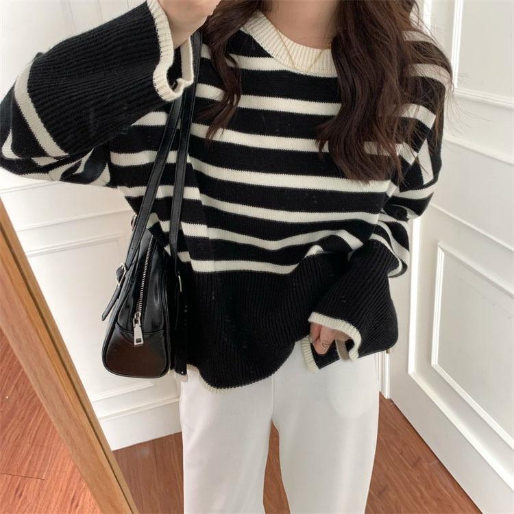 2025 autumn and winter loose tops fashion Korean women's crew neck pullover sweater stripe stitching knitting sweaters for women