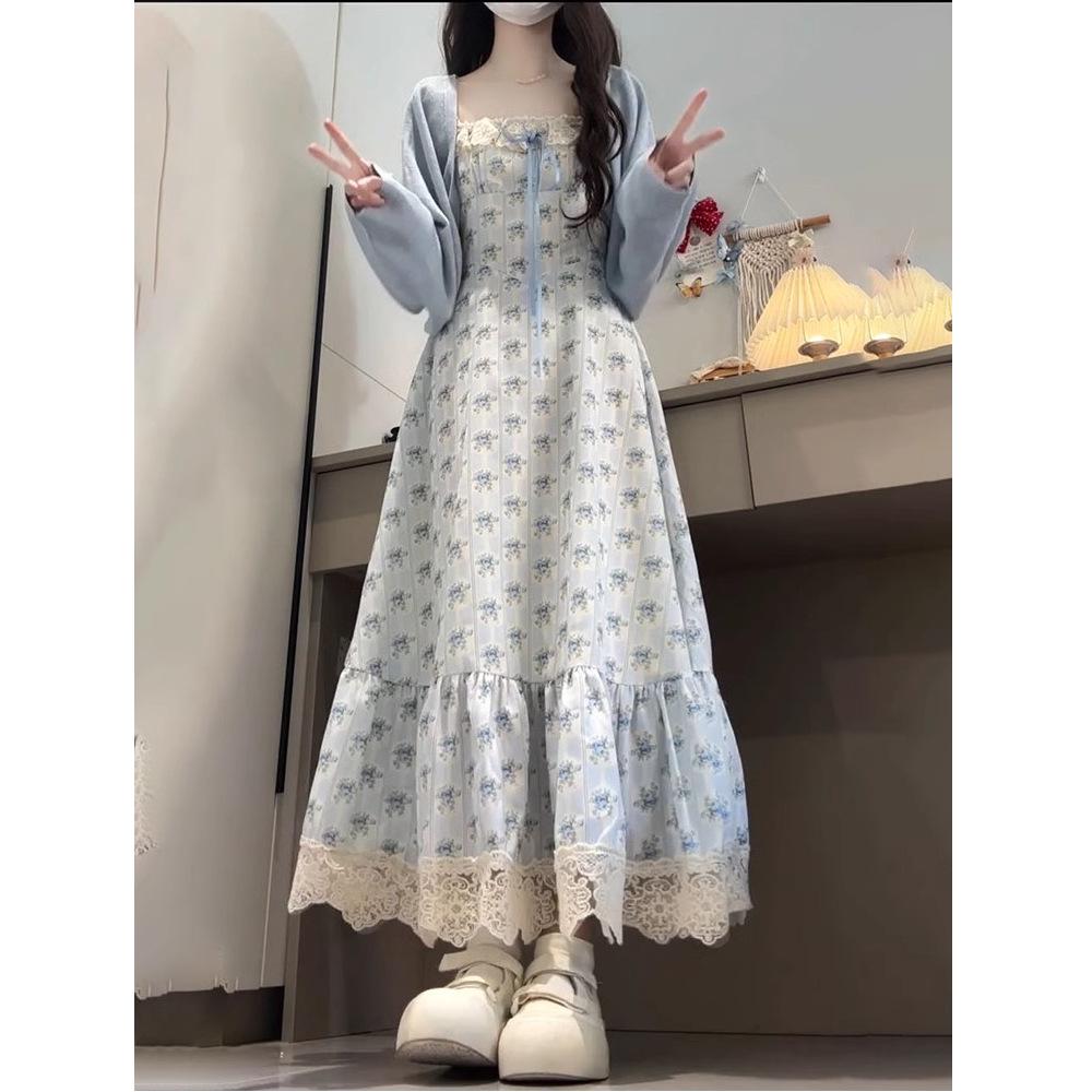2026 Summer Korean Gentle Lace Patchwork College-Style Waist-Cinched Floral Dress with Doll Collar