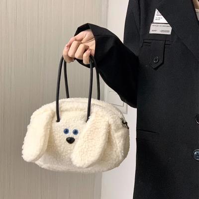 Faux Lamb Wool Student Girls Clutch Purse Handbags Winter Ladies Furry Crossbody Bags Cute Cartoon Dog Women's Shoulder Bag