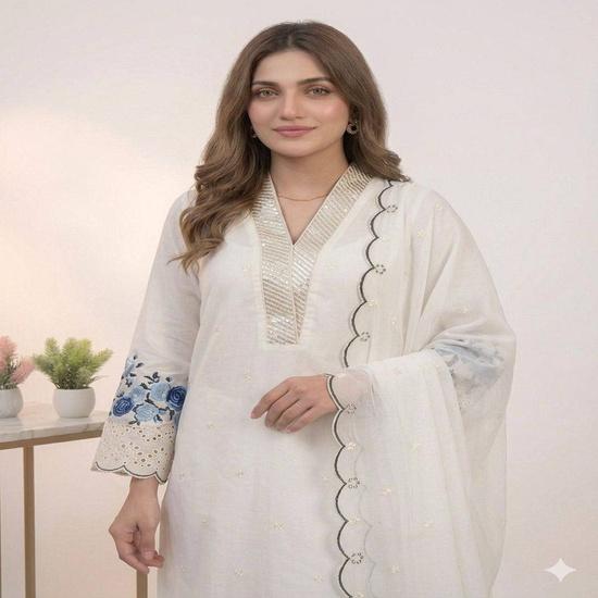 The Afreen Cutwork & Floral Sleeve Suit Set M