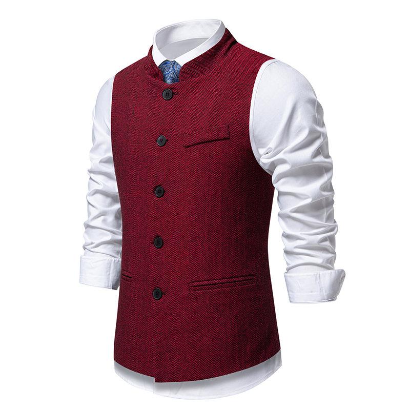 Autumn British Style Retro Vest For Men Fashion Stand Collar Herringbone Coarse Tweed Suit Vest Waistcoat Vintage Gentleman