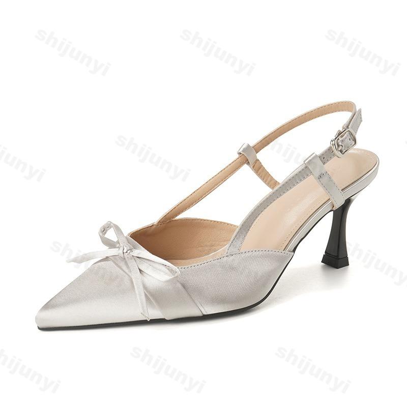 Fashion Women Heeled Sandals 2025 Summer New Pointed Toe Bow Fashion Buckle Pumps Shallow Party Sandalias De Mujer Luxury High Quality
